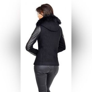 Soia & Kyo Kasia Black Short Wool / Leather Jacket With Fur Hood